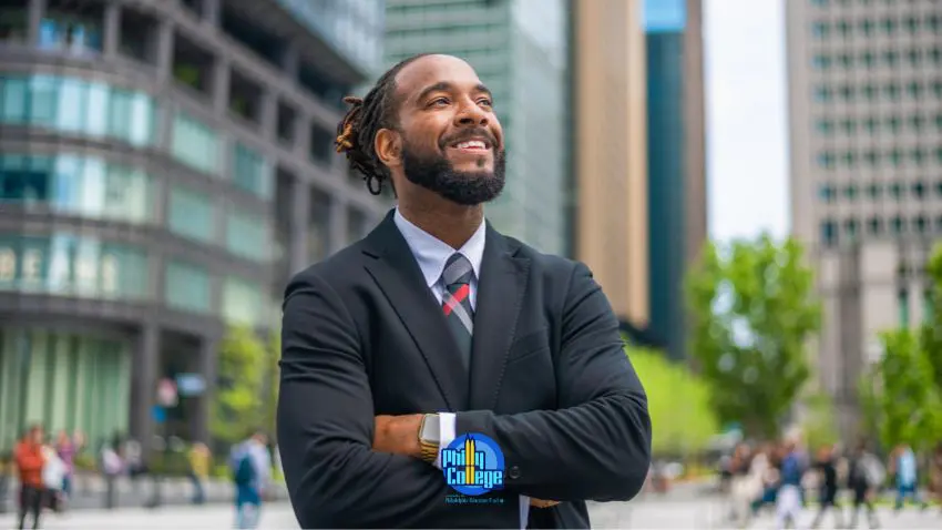 A person in a suit and tie standing in the middle of a city street