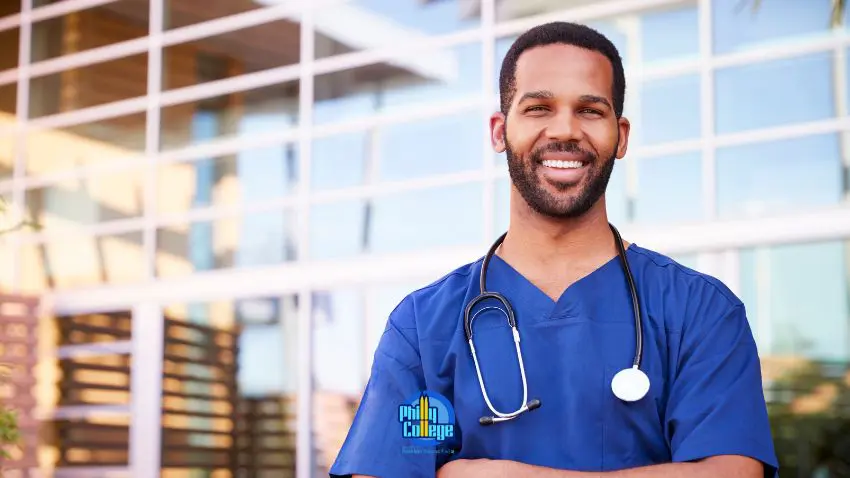 A nurse standing in front of a building