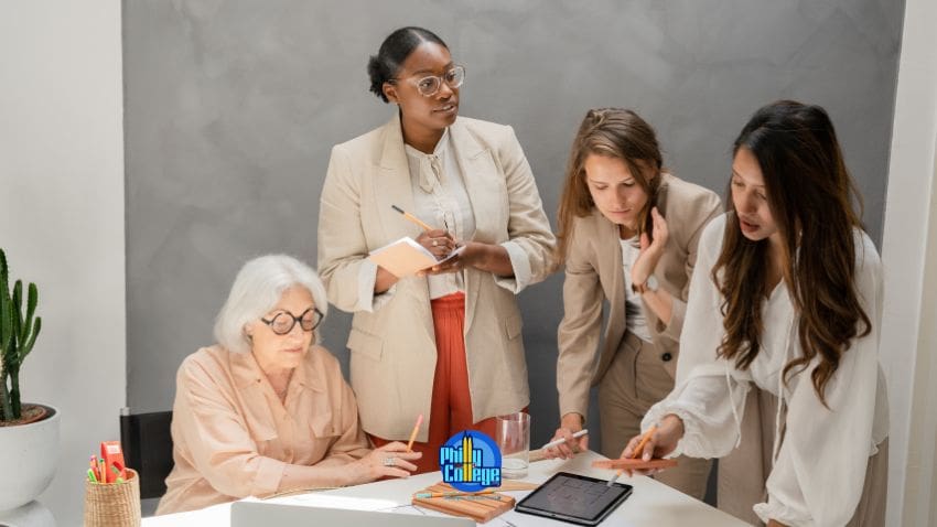 A group of people working together in an office