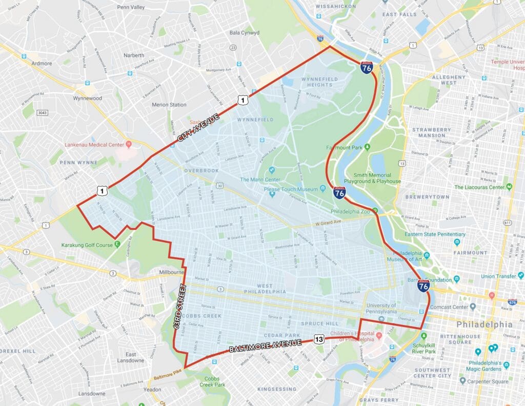 Map of qualified area in West Philly for Scholarship