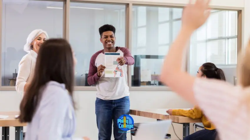 a group of people in a classroom raising their hands