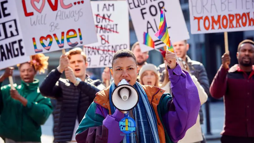 A person holding a megaphone and holding up signs