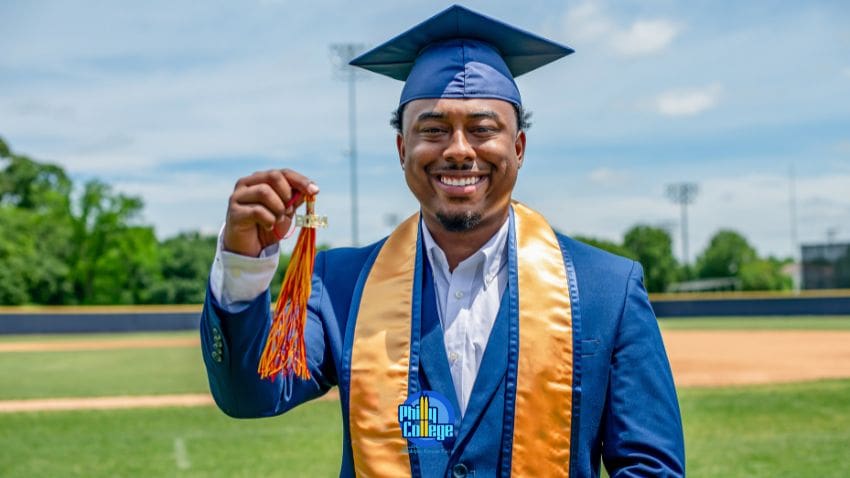 A person in a graduation cap and gown holding up their diploma