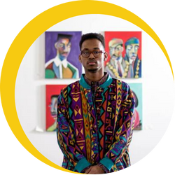 Alim Smith at an art gallery posing in front of is painting