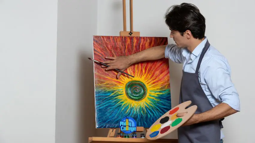a person painting on an easel in front of a colorful painting