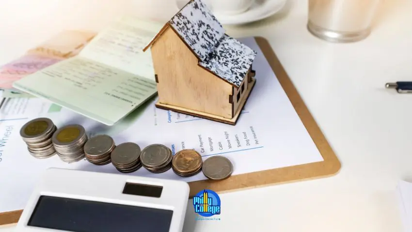 Coins, calculator, and a mini house