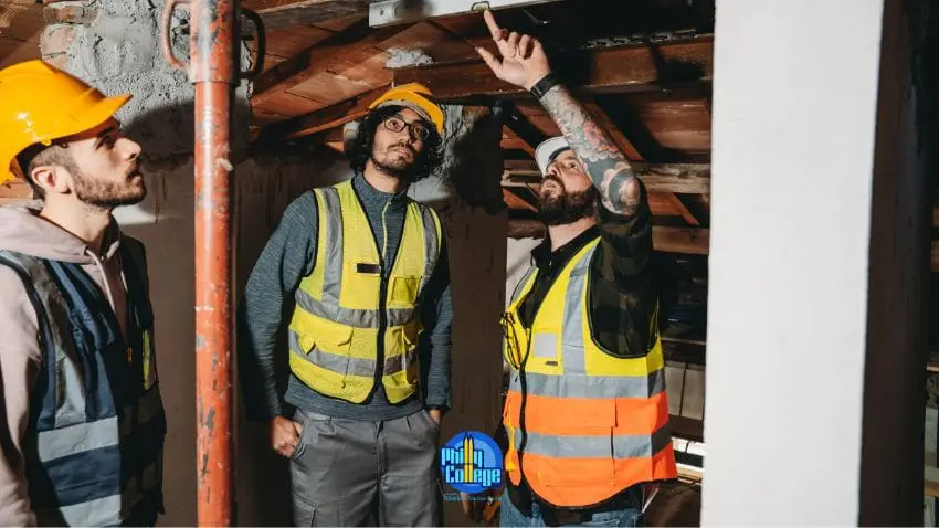 Three construction workers wearing hard hats and reflective vests inspect a ceiling with exposed beams and pipes.
