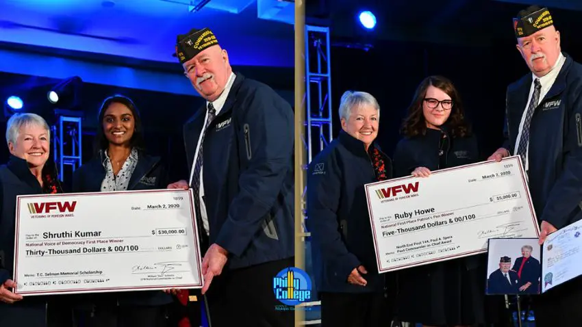 two pictures of people holding a check and standing next to each other