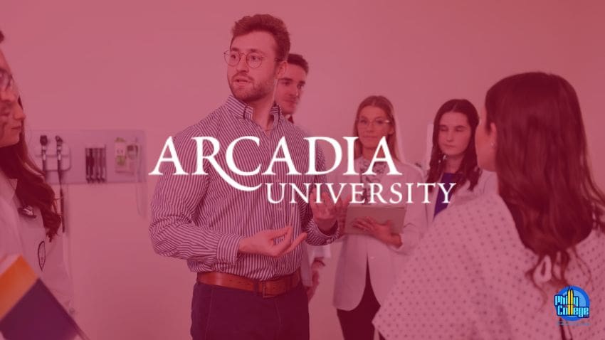 Arcadia University Logo over top backdrop of Professor speaking with students dressed in lab clothes