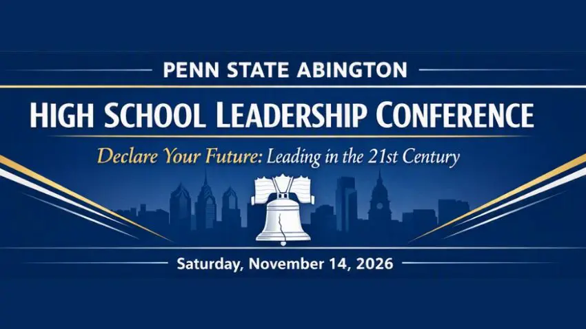 Blue Penn State Abington High School Leadership Conference banner with the title, subtitle “Declare Your Future: Leading in the 21st Century,” a central bell icon, a city skyline, and the date Saturday, November 14, 2026.