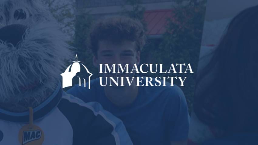 Immaculata University Logo over blue bg with students faded