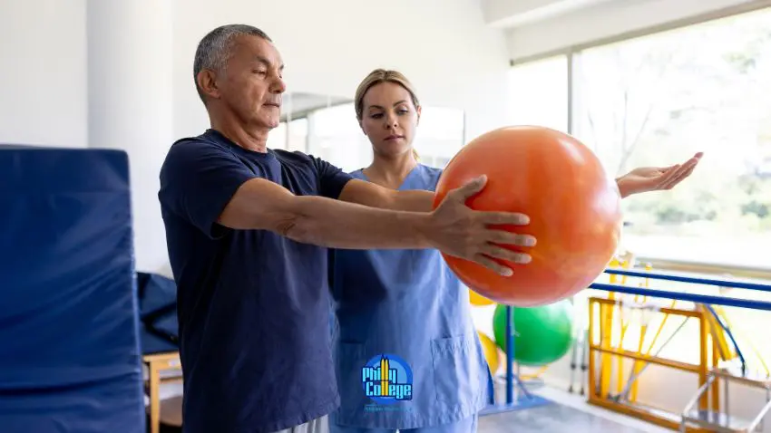 physiotherapist helping a patient with an exercise ball
