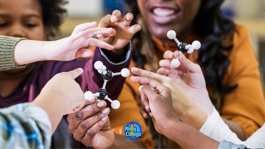 A group of children playing with science models